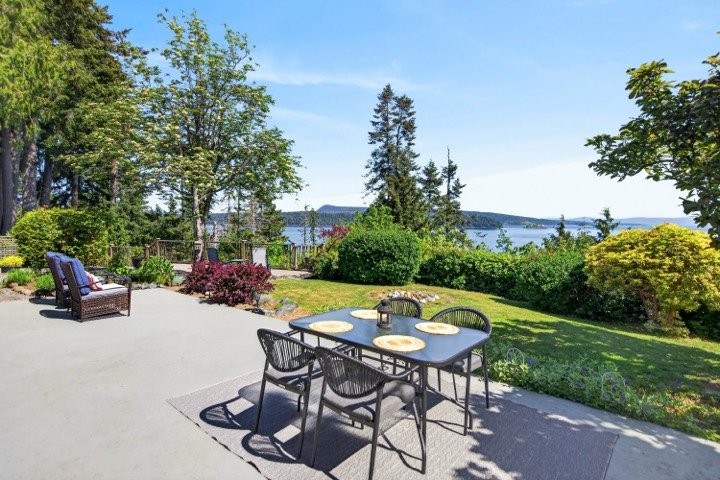 Patio with an outdoor dining set and a view over the water