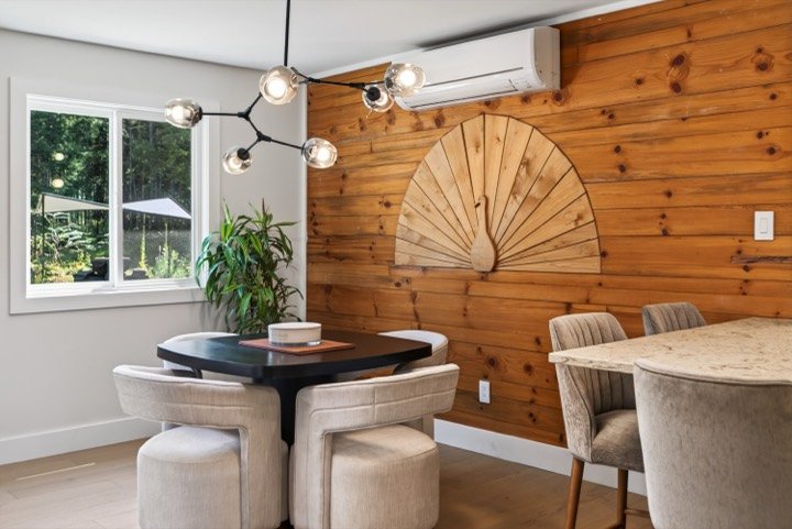 Dining nook with a cedar feature wall