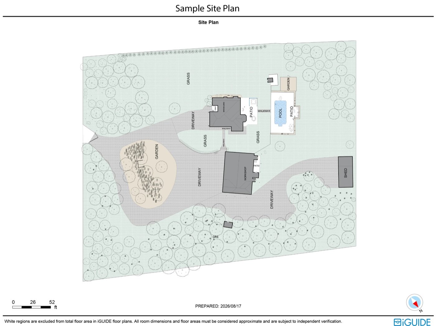Sample iGUIDE site plan showing the main building, workshop, pool, driveway and landscaping